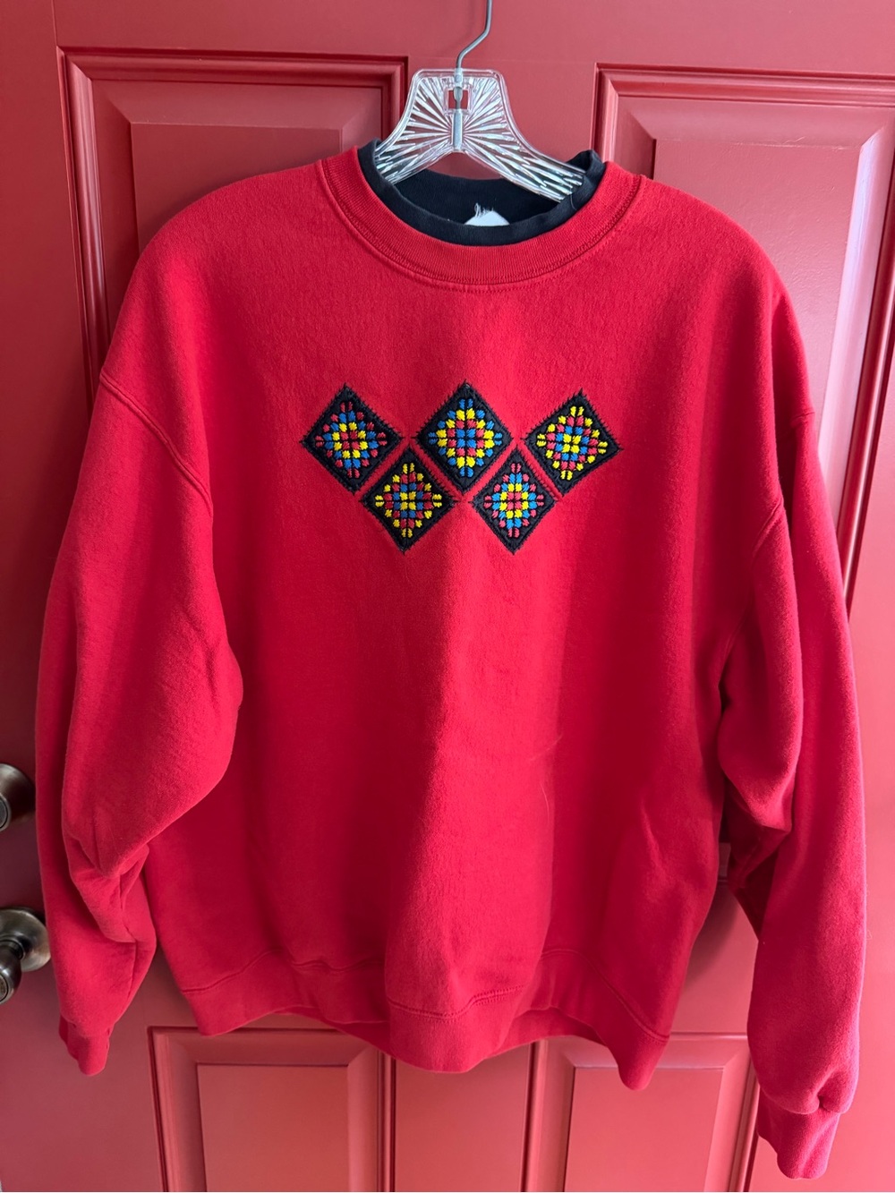 Vintage Grandmacore Red Crewneck Sweater with Colorful Embroidered Diamonds